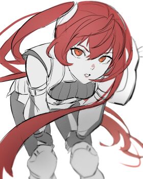 1girl absurdres bent_over breasts fingerless_gloves fire_emblem fire_emblem_awakening gloves hair_between_eyes hands_on_own_knees highres knee_armor kwajia3 leggings long_hair looking_at_viewer monochrome nintendo parted_lips red_eyes red_hair severa_(fire_emblem) simple_background small_breasts solo spot_color tunic twintails very_long_hair white_background