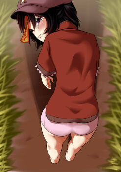 1girl ass barefoot black_hair newsboy_cap closed_mouth frilled_sleeves frills from_behind full_body grass hat hat_ornament highres jiangshi looking_at_viewer looking_back miyako_yoshika no_pants ofuda outstretched_arms panties path pink_panties purple_eyes purple_hat red_shirt road shadow shika_miso shirt short_hair solo standing star_(symbol) star_hat_ornament touhou underwear zombie_pose