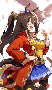 Rule 34 | 1girl, animal ears, beak, bird, black thighhighs, blue eyes, blue skirt, breasts, brown hair, confetti, domino mask, ear ornament, ear scrunchie, el condor pasa (el numero 1) (umamusume), el condor pasa (umamusume), eye mask, feathers, franz2543, hair between eyes, hawk, highres, horse ears, horse girl, horse tail, jacket, long hair, long sleeves, looking at viewer, mambo (umamusume), mask, medium breasts, open clothes, open jacket, open mouth, pleated skirt, ponytail, red jacket, shirt, skirt, smile, tail, teeth, thighhighs, umamusume, upper teeth only, wings, yellow shirt