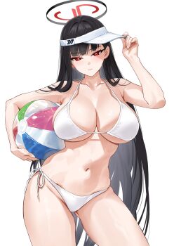 1girl ball bare_shoulders beachball bikini black_hair black_halo blue_archive blunt_bangs blush breasts bright_pupils collarbone cowboy_shot groin halo highres holding holding_ball holding_beachball isokaze12 large_breasts light_smile long_hair looking_at_viewer navel red_eyes rio_(blue_archive) side-tie_bikini_bottom solo swimsuit thighs visor_cap white_background white_bikini white_pupils