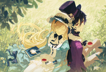 Rule 34 | 1boy, 1girl, alice (arcaea), arcaea, ascot, back-to-back, black cape, black gloves, black hair, black hat, black ribbon, blonde hair, blue dress, bow, buttons, cape, closed eyes, closed mouth, commentary request, cup, dress, dress bow, fur-trimmed jacket, fur trim, gloves, hair between eyes, hat, hat ornament, hat ribbon, highres, holding, holding cup, jacket, juliet sleeves, long hair, long sleeves, on grass, outdoors, pants, pantyhose, plant, puffy sleeves, purple jacket, purple ribbon, rabbit hat ornament, red eyes, ribbon, ryuh (asahina neru), short hair, side cape, sitting, smile, swept bangs, tea, teacup, tenniel (arcaea), top hat, very long hair, white ascot, white hat, white pants, white pantyhose