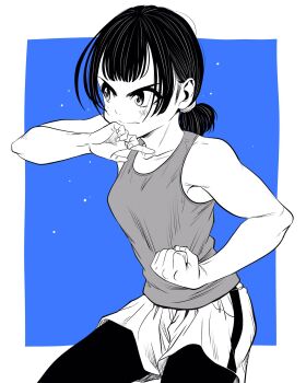 1girl breasts clenched_hand commentary_request cowboy_shot greyscale highres lee_(dragon_garou) leggings medium_breasts military_vehicle monochrome motor_vehicle original ponytail serious short_ponytail short_shorts shorts solo tank toned toned_female v-shaped_eyebrows