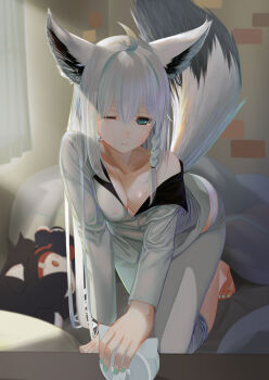 Rule 34 | 1girl, absurdres, ahoge, alarm clock, all fours, animal ears, bed, bed sheet, blanket, braid, breasts, clock, collarbone, commentary request, curtains, female focus, fox ears, fox tail, frown, green eyes, hair between eyes, highres, hololive, long hair, mer, one eye closed, ookami mio, pajamas, panties, shirakami fubuki, solo, stuffed toy, tail, two-tone fur, underwear, virtual youtuber, white hair, white panties