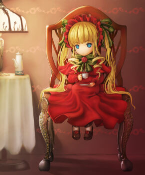 1girl black_shoes blonde_hair blue_eyes blunt_bangs bonnet bow capelet chair coffee_pot cup curly_hair disposable_cup dress female_focus flower foot_dangle footwear_flower full_body hair_ribbon holding holding_cup indoors kome_(okome-smile) lamp long_dress long_hair long_sleeves looking_at_viewer petite red_dress ribbon rozen_maiden saucer shinku shoes sidelocks sitting solo table tablecloth teacup teapot twintails wallpaper_(object)