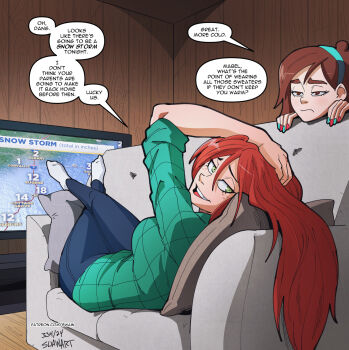 2girls artist_name blue_pants brown_eyes brown_hair couch dated english_text gravity_falls green_eyes green_hairband green_shirt hairband highres indoors long_hair mabel_pines multicolored_nails multiple_girls pants patreon_username shirt signature socks speech_bubble swain_(artist) television watermark web_address wendy_corduroy white_socks