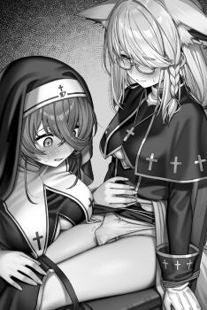 1futa 1girl animal_ears braid breasts bulge cleavage_cutout clothes_pull clothing_cutout cross dress earrings fang fox_ears fox_tail futanari glasses gloves hair_over_one_eye heart hip_vent hololive houshou_marine jewelry large_breasts looking_at_penis medium_breasts nun panties priest shirakami_fubuki side_braid skin_fang sweat sweatdrop tagme tail tatsuya_(s6pillars) underboob underboob_cutout underwear virtual_youtuber