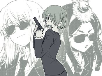 1boy 2girls amaryllis_(dr._stone) beretta_92 business_suit crying crying_with_eyes_open dr._stone dreadlocks feather_hair feathers finger_on_trigger formal_clothes ginro_(dr._stone) glasses green_theme greyscale gun hair_between_eyes hair_over_one_eye halftone handgun hashtag-only_commentary head_tilt highres holding holding_gun holding_weapon intillate jacket kohaku_(dr._stone) lips lipstick long_hair looking_at_viewer makeup monochrome multiple_girls necktie open_mouth short_hair simple_background skirt skirt_suit smile smirk suit sunglasses tears trap weapon white_background