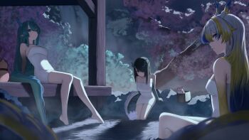 3girls absurdres arknights bathing blonde_hair blue_hair breasts cleavage closed_mouth commentary_request cyz_(cyz_0902) dragon_bubble_(arknights) dragon_girl dragon_horns dragon_tail dusk_(arknights) eastern_dragon_horns eastern_dragon_tail full_body gout green_eyes green_hair hair_between_eyes hair_over_one_eye highres horns ling_(arknights) long_hair medium_breasts multicolored_hair multiple_girls naked_towel nian_(arknights) night orange_eyes outdoors same-sex_bathing shared_bathing shu_(arknights) siblings sisters smile tail towel very_long_hair white_hair