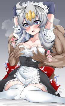 1boy 1girl ? absurdres ahoge arms_behind_head arms_up blue_eyes breasts breath cleavage commentary_request dragon_musume_ni_naritakunai! duel_masters elbow_gloves gloves grabbing_another's_breast grabbing_from_behind grey_hair groping hair_between_eyes hair_ornament heart heart-shaped_pupils highres kumada_suzu long_hair maid maid_headdress mind_control muscular muscular_male sidelocks sitting sound_effects symbol-shaped_pupils teeth thighhighs upper_teeth_only wariza white_thighhighs ya-man