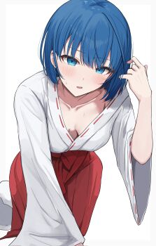 1girl all_fours arm_support blue_eyes blue_hair blush bob_cut breasts breasts_apart collarbone commentary corrupted_twitter_file hakama hakama_skirt hand_up hanging_breasts highres japanese_clothes kimono kiritani_haruka kunizaki long_sleeves looking_at_viewer loose_kimono medium_breasts miko no_bra parted_lips project_sekai red_hakama ribbon-trimmed_sleeves ribbon_trim short_hair sidelocks simple_background skirt socks solo sweat tabi tucking_hair white_background white_kimono white_socks wide_sleeves