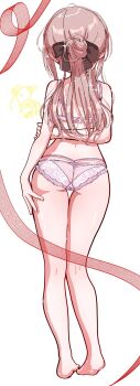 Rule 34 | 1girl, absurdres, arm behind back, ass, bare legs, barefoot, bra, brown hair, brown ribbon, facing away, from behind, gakuen idolmaster, goslingwallows, hair ribbon, highres, himesaki rinami, idolmaster, kneepits, long hair, panties, pink bra, pink panties, red ribbon, ribbon, signature, solo, underwear, underwear only