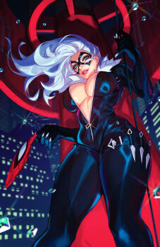 1girl black_bodysuit black_cat_(marvel) black_mask blue_eyes bodysuit breasts building commentary domino_mask english_commentary eye_mask felicia_hardy highres large_breasts long_hair looking_at_viewer marvel mask outdoors qtori skyscraper solo spider-man_(series) white_hair