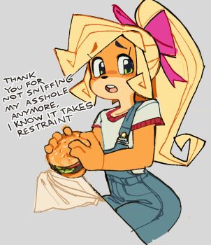 1girl bandicoot blonde_hair blush burger coco_bandicoot crash_bandicoot_(series) cub english_text female food furry furry_female green_eyes hair_ribbon loli looking_at_viewer open_mouth pov ribbon sitting smell smelling solo wamudraws