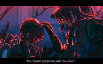 2boys aqua_eyes baseball_cap black_gloves black_vest blood blood_on_clothes blood_on_face blue_hair blue_necktie brown_hair collared_shirt english_text exoskeleton fingerless_gloves gloves hat heathcliff_(project_moon) highres holding hong_lu_(project_moon) kiscript letterboxed limbus_company long_hair long_sleeves male_focus multiple_boys necktie ponytail project_moon purple_eyes shirt short_hair very_long_hair vest w_corp._(identity)_(project_moon)