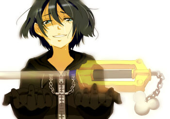 1girl aqua_eyes black_gloves black_hair crying eyebrows eyelashes female_focus gloves keyblade kingdom_hearts kingdom_hearts_358/2_days looking_at_viewer neck organization_xiii short_hair tagme tears teeth aqua_eyes white_background xion xion_(kingdom_hearts)