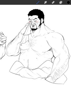 1boy arm_hair art_program_in_frame bara black_hair blind chest_hair cropped_torso facial_hair fat fat_man fujitora_(one_piece) hairy highres long_sideburns male_focus mature_male muscular muscular_arms mustache_stubble navel_hair octo33 one_piece scar scar_across_eye scar_on_face scar_on_forehead short_hair sideburns simple_background solo sparse_chest_hair strongman_waist stubble sweat thick_neck unfinished wiping_sweat