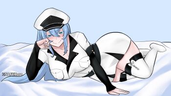 Rule 34 | akame ga kill!, bed sheet, breasts, esdeath, kurodahlia18, large breasts, looking at viewer, lying, on bed, on side, smile