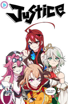 4girls ahoge animal_ears beret blue_fire braid brown_hair cecilia_immergreen cecilia_immergreen_(1st_costume) claw_(weapon) crossed_arms dc_comics detached_collar doll_joints elizabeth_rose_bloodflame elizabeth_rose_bloodflame_(1st_costume) fingerless_gloves fire gigi_murin gigi_murin_(1st_costume) gloves goggles goggles_on_head green_eyes grey_hair hat highres holojustice hololive hololive_english hood hoodie huge_ahoge joints justice_league_international magho multiple_girls orange_hoodie panther_ears parody pink_eyes pink_hair raised_eyebrow raora_panthera raora_panthera_(1st_costume) red_eyes red_hair side_braid smile twintails virtual_youtuber weapon white_background winding_key yellow_eyes