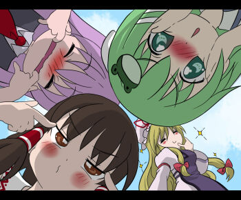 Rule 34 | 4girls, \m/, blonde hair, bow, brown hair, female focus, frog, from below, green eyes, green hair, grimace, hair bow, hair ornament, hakurei reimu, hat, japanese clothes, kochiya sanae, letterboxed, long hair, lucky star, mouth pull, multiple girls, necktie, o3o, otaku (artist), parody, purple hair, reisen udongein inaba, touhou, yakumo yukari
