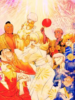 Rule 34 | aerial fireworks, albert heinrich, blonde hair, chang changku, cyborg, cyborg 009, fireworks, francoise arnoul, geronimo jr, hair over one eye, hairband, hands on own face, highres, ivan whisky, japanese clothes, jet link, kimono, light blush, long hair, pyunma, sariokisu, shimamura joe, summer festival, white hairband, yellow kimono