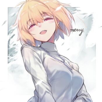 1girl :d antenna_hair arcueid_brunestud auru_t blonde_hair blush breasts commentary_request hair_between_eyes half-closed_eyes jewelry long_sleeves looking_at_viewer medium_breasts merry_christmas necklace open_mouth red_eyes short_hair smile solo sweater teeth tsukihime turtleneck turtleneck_sweater upper_body upper_teeth_only white_sweater
