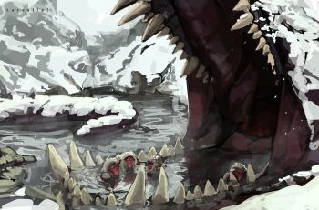 absurdres artist_name bathing highres japanese_macaque monkey monster open_mouth original painting_(medium) sharp_teeth snow teeth traditional_media water zarzaliel