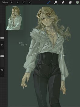 1boy 6_(reverse:1999) alternate_costume art_program_in_frame artist_name black_pants blonde_hair blue_eyes circlet cowboy_shot dated fujji_771 grey_background highres long_hair looking_at_viewer male_focus pants procreate_(medium) reverse:1999 screencap shirt shirt_tucked_in solo white_shirt