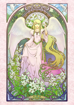 1girl art_nouveau bird blonde_hair collarbone commentary dress fire_emblem fire_emblem:_radiant_dawn flower green_eyes heron leanne_(fire_emblem) lily_(flower) lips long_hair looking_at_viewer magmel nintendo solo very_long_hair white_lily wings