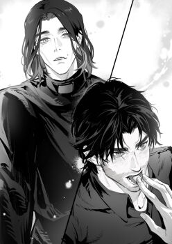 2boys alternate_universe arcane:_league_of_legends arcane_jayce chinese_commentary collared_shirt commentary_request curtained_hair facial_hair finger_in_another's_mouth fulushouxijixiangcha greyscale hair_behind_ear highres jayce_(league_of_legends) league_of_legends long_sleeves looking_at_another lower_teeth_only male_focus medium_hair mole monochrome multiple_boys open_collar parted_hair parted_lips shirt teeth thick_eyebrows viktor_(arcane) viktor_(league_of_legends) widow's_peak wing_collar yaoi