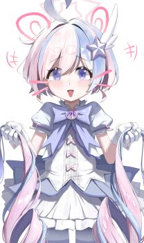 +++ 1girl :d absurdres achib ahoge alternate_hair_length alternate_hairstyle blue_archive blue_hair blush bow bowtie commentary cowboy_shot drawn_ears drawn_whiskers dress dress_bow earrings eyes_visible_through_hair frilled_dress frills hair_between_eyes hair_intakes hair_ornament halo highres holding holding_own_hair huge_ahoge jewelry looking_at_viewer magical_girl multicolored_hair official_alternate_costume open_mouth pantyhose pink_bow pink_hair pink_halo puffy_short_sleeves puffy_sleeves purple_bow purple_bowtie purple_eyes reisa_(blue_archive) reisa_(magical)_(blue_archive) short_dress short_hair short_sleeves simple_background sleeve_bow smile solo star_(symbol) star_earrings star_hair_ornament star_halo straight-on streaked_hair striped_clothes striped_pantyhose tareme two-tone_dress two-tone_hair white_background wing_hair_ornament