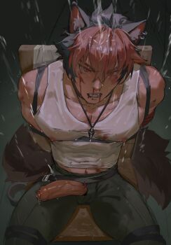 1boy animal_ear_fluff animal_ears arms_behind_back bandaged_arm bandages black_hair blood blood_on_face bound bound_arms breasts chair cleavage clenched_teeth collarbone commentary english_commentary foreskin green_pants highres jacobneighbors komano_manato male_focus male_pubic_hair multicolored_hair muscular muscular_male nipples pants pectorals penis penis_out precum pubic_hair pubic_hair_peek red_bandage red_eyes red_hair scar scar_on_chest scar_on_face see-through_clothes see-through_shirt shirt short_hair sitting solo tail tank_top teeth torn_clothes torn_shirt two-tone_hair wet wet_clothes white_tank_top zenless_zone_zero
