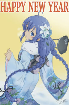 1girl ahoge alternate_costume bag blue_eyes blue_hair blue_kimono braid commentary_request dated feet_out_of_frame flower fur-trimmed_kimono fur_trim furisode gradient_background hair_flower hair_ornament happy_new_year highres holding holding_bag japanese_clothes kimono koma_inu_(komainu_mainu) long_hair long_sleeves looking_back mushoku_tensei new_year obi print_kimono roxy_migurdia sash signature solo standing twin_braids very_long_hair wide_sleeves yellow_background