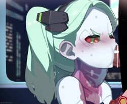 1boy 1girl animated artist_name bar_censor bare_shoulders blue_bra blush bra breasts censored colored_sclera colored_skin cyberpunk_(series) cyberpunk:_edgerunners cyborg dark-skinned_male dark_skin deepthroat eyebrows eyelashes fellatio from_side green_eyes green_hair grey_skin heart heart-shaped_pupils hetero indoors interracial loli long_hair looking_at_another looking_at_penis looking_down looking_up looping_animation mizumizuni night oral penis petite portrait rebecca_(cyberpunk) red_sclera small_breasts solo_focus symbol-shaped_pupils tagme throat_bulge twintails underwear veins veiny_penis video window x-ray