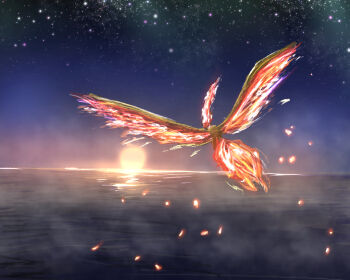 animal_focus bird commentary_request elsie embers fiery_tail fiery_wings fire flying from_behind full_body gen_1_pokemon highres legendary_pokemon moltres night nintendo no_humans one-hour_drawing_challenge outdoors pokemon pokemon_(creature) pokemon_focus sky solo star_(sky) starry_sky sun tail water wings