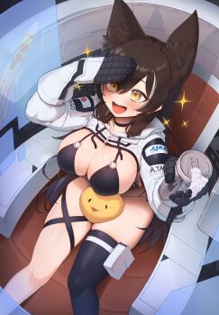Rule 34 | 1girl, absurdres, alcohol, animal ear fluff, animal ears, atago (azur lane), atago (space atago) (greyeth) (azur lane), azur lane, beer, beer can, between thighs, bikini, black bikini, black choker, black hair, breasts, can, choker, commission, drink can, extra ears, gloves, green eyes, hand up, highres, holding, holding can, jacket, japanese flag, jaxa, keureu (tiqkdtiqkd10), large breasts, long hair, manjuu (azur lane), mole, mole under eye, open mouth, pouch, rocket, shrug (clothing), single thighhigh, sitting, smile, sparkle, swimsuit, thigh pouch, thighhighs, white jacket