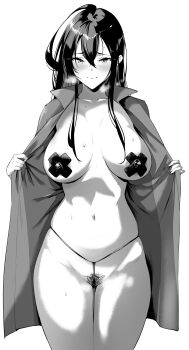 1girl ahoge black_hair blush breasts coat cross cross_pasties din_(raiden) female_pubic_hair flashing heavy_breathing highres large_breasts long_hair monochrome naked_coat navel open_clothes open_coat original panties pasties pubic_hair simple_background smile solo string_panties sweat thighs underwear