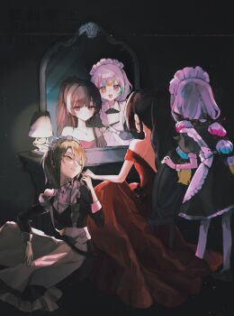 absurdres alternate_costume apron bare_back bare_shoulders black_background black_hair black_shoes blonde_hair bow collared_shirt dress hasumi_leia highres holding_hands jogasaki_noah kinoeda_tamase lamp long_hair mahou_shoujo_no_majo_saiban maid maid_apron maid_headdress mirror multi-tied_hair multicolored_hair nikaido_hiro off-shoulder_dress off_shoulder polka_dot polka_dot_bow ponytail red_dress red_eyes reflection shirt shoes short_hair sitting streaked_hair watermark white_hair yellow_eyes