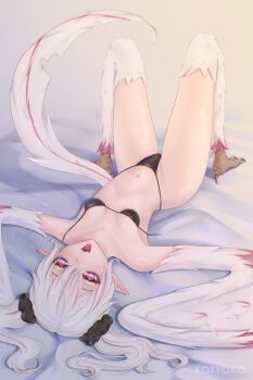 1girl @_@ absurdres bags_under_eyes bikini bird_legs bird_tail black_bikini borrowed_character breasts fangs feathered_wings feathers hair_ornament hair_scrunchie harpy highres kotyokoo long_hair long_pointy_ears looking_at_viewer monster_girl multicolored_hair navel open_mouth original pink_eyes pink_feathers pink_hair pointy_ears scrunchie sherbert_(thus0) small_breasts solo streaked_hair swimsuit tail talons twintails two-tone_tail two-tone_wings white_feathers white_hair white_tail white_wings winged_arms wings