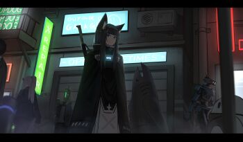 2girls animal_ear_fluff animal_ears appl3 black_cape cape closed_mouth commentary condenser_unit cowboy_shot english_commentary english_text expressionless highres mecha multiple_girls night original outdoors robot scenery standing sword weapon