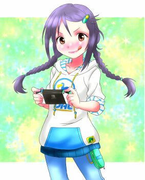 1girl ahoge artist_request black_hair braid brown_eyes collarbone curled_fingers fanny_pack female_focus flat_chest full_body game_controller gradient_background hair_between_eyes hair_ornament hairclip hands_up happy highres holding_controller holding_game_controller hood hood_down hoodie idolmaster idolmaster_cinderella_girls leggings legs long_hair looking_at_viewer miyoshi_sana namco neck nintendo_switch parted_lips playing_games sidelocks skin_tight sleeves_rolled_up smirk sparkle_background standing thighs three-quarter_sleeves tongue tongue_out twin_braids v-shaped_eyebrows