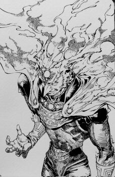 Rule 34 | 1boy, armor, cape, cowboy shot, forehead jewel, from above, ganondorf, greyscale, grin, kandori makoto, monochrome, nintendo, smile, solo, the legend of zelda, the legend of zelda: ocarina of time, traditional media