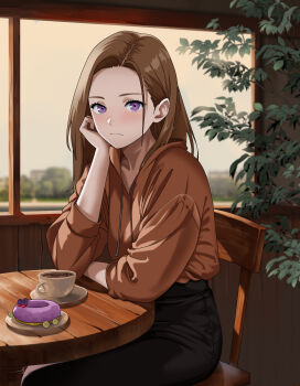 1girl absurdres brown_hair cafe coffee cup donut food head_rest highres indoors indy_k long_hair looking_at_viewer original purple_eyes sitting solo