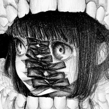 Rule 34 | 1girl, abstract, bow, corset piercing, covered mouth, greyscale, gums, hair flowing over, highres, kansouki, lazy eye, monochrome, original, portrait, solo, teeth