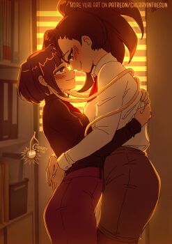 2girls artist_name audio_jack black_hair blush boku_no_hero_academia cherry_in_the_sun commentary couple english_commentary from_side hug indoors jiro_kyoka long_earlobes looking_at_another medium_hair multiple_girls ponytail shirt short_hair sunlight watermark web_address white_shirt window_blinds yaoyorozu_momo yuri