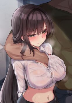 1boy 1girl absurdres arm_around_shoulder arms_behind_back black_pants black_shirt black_skirt blush breasts brown_eyes brown_hair cleavage collared_shirt commentary_request covered_erect_nipples cowboy_shot crop_top cropped_shirt ebon embarrassed goddess_of_victory:_nikke grabbing_another's_breast grabbing_from_behind groping grouping hair_between_eyes hand_in_another's_shirt head_out_of_frame heavy_breathing height_difference highres indoors large_breasts long_hair looking_down looking_to_the_side marciana_(nikke) marciana_(school_days)_(nikke) midriff molestation name_tag navel navel_piercing no_bra official_alternate_costume pants parted_lips pencil_skirt piercing school_uniform see-through_clothes see-through_shirt sexual_harassment shirt short_sleeves sidelocks skirt sleeves_rolled_up standing steam sweat t-shirt very_long_hair wet wet_clothes wet_shirt white_shirt