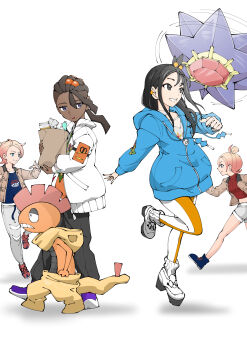 Rule 34 | 2boys, 2girls, absurdres, bag, blonde hair, blue hoodie, brown jacket, commentary request, dark-skinned male, dark skin, gen 1 pokemon, gen 5 pokemon, highres, hood, hood down, hoodie, jacket, leg up, leggings, legs apart, lida (pokemon), long hair, motion lines, multiple boys, multiple girls, naveen (pokemon), nintendo, open clothes, open jacket, pants, paper bag, pokemon, pokemon (creature), pokemon legends: z-a, ponytail, red shirt, ribbed socks, scrafty, shirt, shoes, shorts, socks, standing, starmie, taunie (pokemon), urbain (pokemon), user macu7727, white jacket