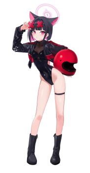 Rule 34 | 1girl, animal ears, black hair, black jacket, black leotard, blue archive, cat ears, checkered clothes, checkered jacket, covered navel, halo, helmet, highres, jacket, kazusa (blue archive), leotard, medium hair, multicolored hair, multicolored jacket, pink hair, pink halo, ranyu, red helmet, red jacket, solo, thigh strap, thighs, two-tone hair, white jacket