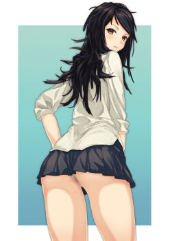 1girl aqua_background ass black_hair black_skirt border brown_eyes bug_bite commentary from_behind gradient_background long_hair looking_at_viewer looking_back microskirt original outside_border panties pantyshot parted_lips pleated_skirt shirt skirt solo three-quarter_sleeves underwear v-shaped_eyebrows white_border white_panties white_shirt yukitake_(bullfalk)