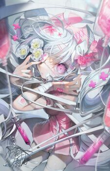 1girl bandaged_arm bandages bandaid bandaid_on_arm blood blush breasts closed_mouth commentary cross dress english_commentary eyepatch flower hair_ornament hat heart highres light_blush long_hair looking_at_viewer medical_eyepatch medium_breasts negimapurinn nurse nurse_cap original petite pill pink_blood pink_dress pink_eyes pink_hat scissors signature sleeveless sleeveless_dress small_breasts solo surgical_scissors syringe twintails very_long_hair white_flower white_hair