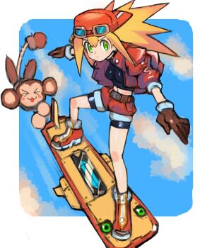 1girl backwards_hat baseball_cap black_shirt blonde_hair blue_sky border brown_gloves dakusuta data_(mega_man) falling full_body gloves green_eyes hat highres hoverboard jacket long_hair mega_man_(series) mega_man_legends_(series) midair monkey non-humanoid_robot open_clothes open_jacket red_hat red_jacket red_shorts robot robot_animal roll_caskett_(mega_man) shirt shorts sky solo_focus spiked_hair white_border